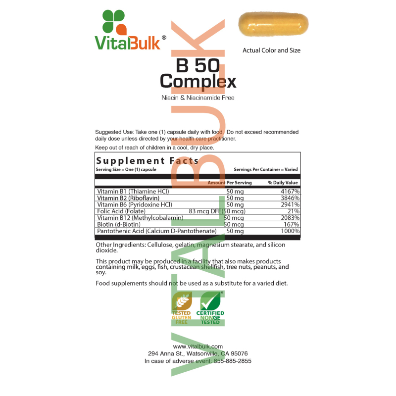 VITAMIN B50 COMPLEX – B3 FREE – 250 CAPSULES