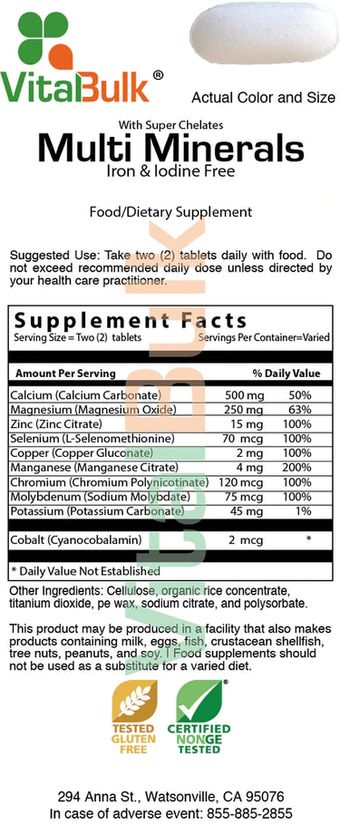 MULTI MINERALS – IRON & IODINE FREE - 100 TABLETS