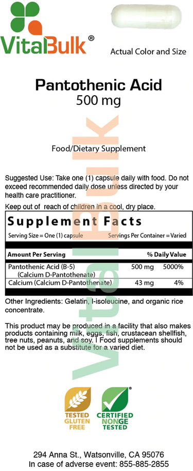 PANTOTHENIC ACID (B5) 500MG – 100 CAPSULES